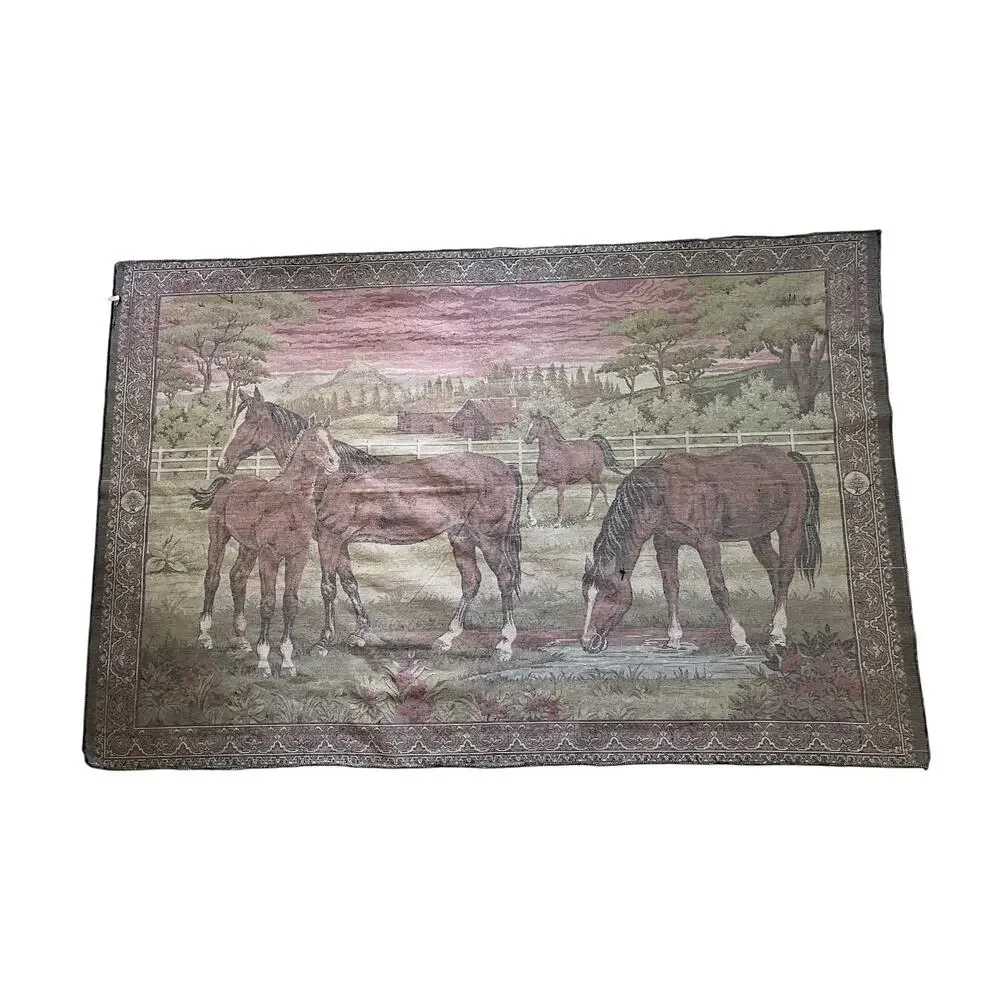 Large VTG 1970s Horse Tapestry Landscape Equestrian Farm Stable Made in Lebanon